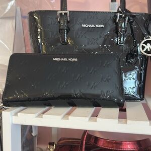 Michael Kors Shiny Black Embossed Bag and Wallet